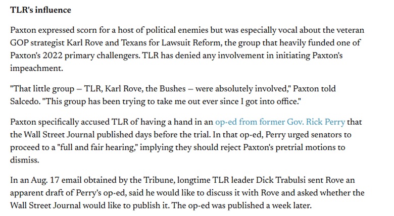 Snippet showing TLR's influence on the Texas Legislature